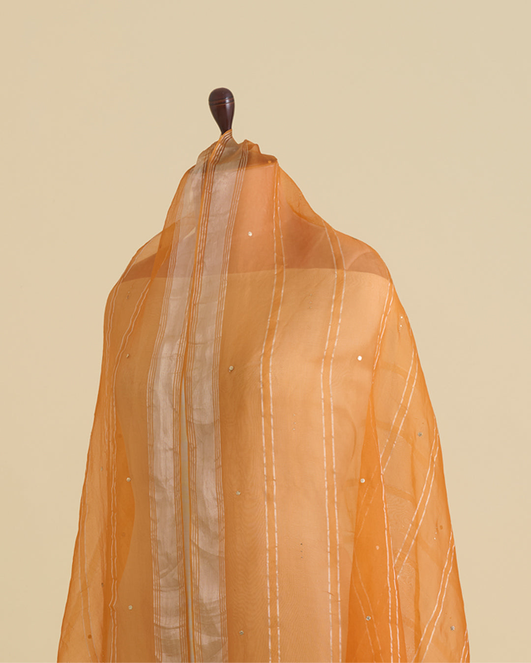 Bright Orange Organza Dupatta with Gold Stripes and Badla Work