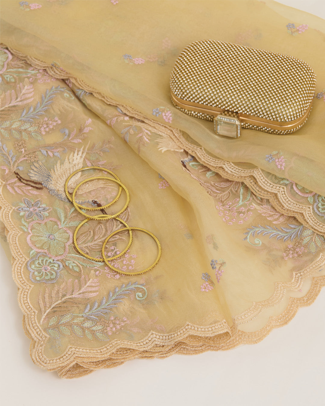 Light Yellow Organza Silk Resham Embroidered Dupatta