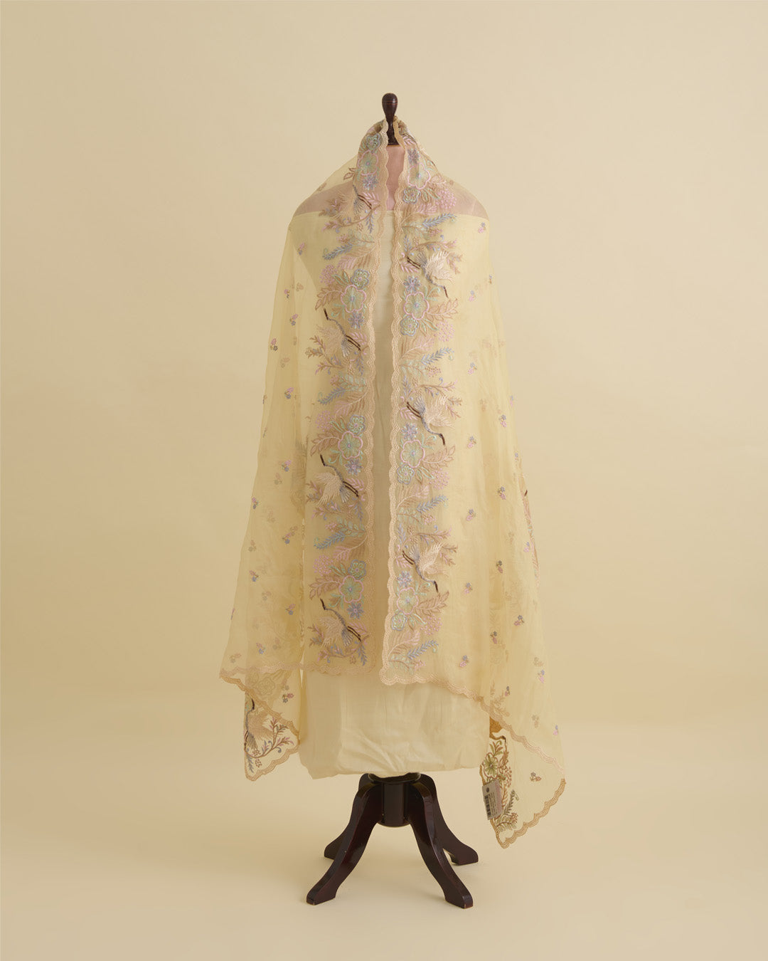 Light Yellow Organza Silk Resham Embroidered Dupatta