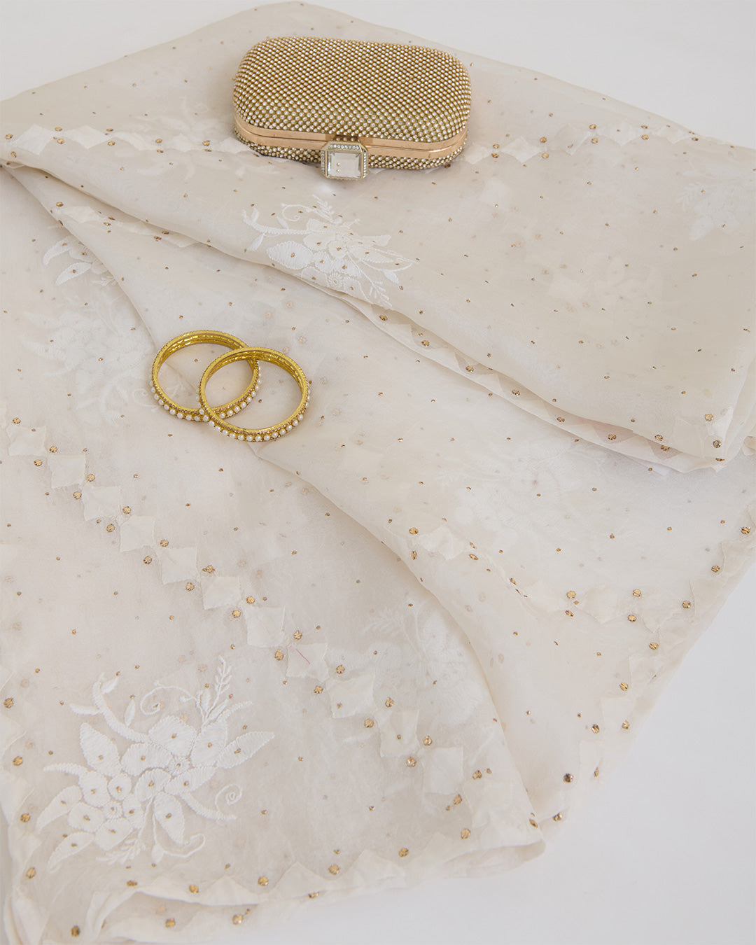 Off-White Organza Lucknowi Lehriya Badla Dupatta