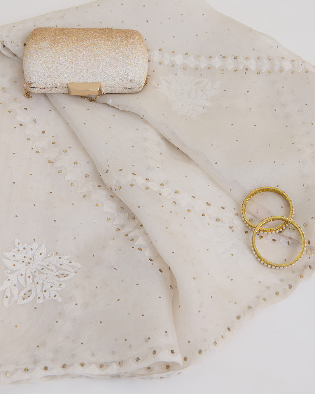 Offwhite Organza Lucknowi Lehriya Badla Dupatta