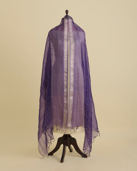 Purple Organza Dupatta with Gold Stripes & Badla Work