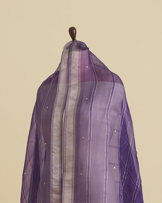Purple Organza Dupatta with Gold Stripes & Badla Work