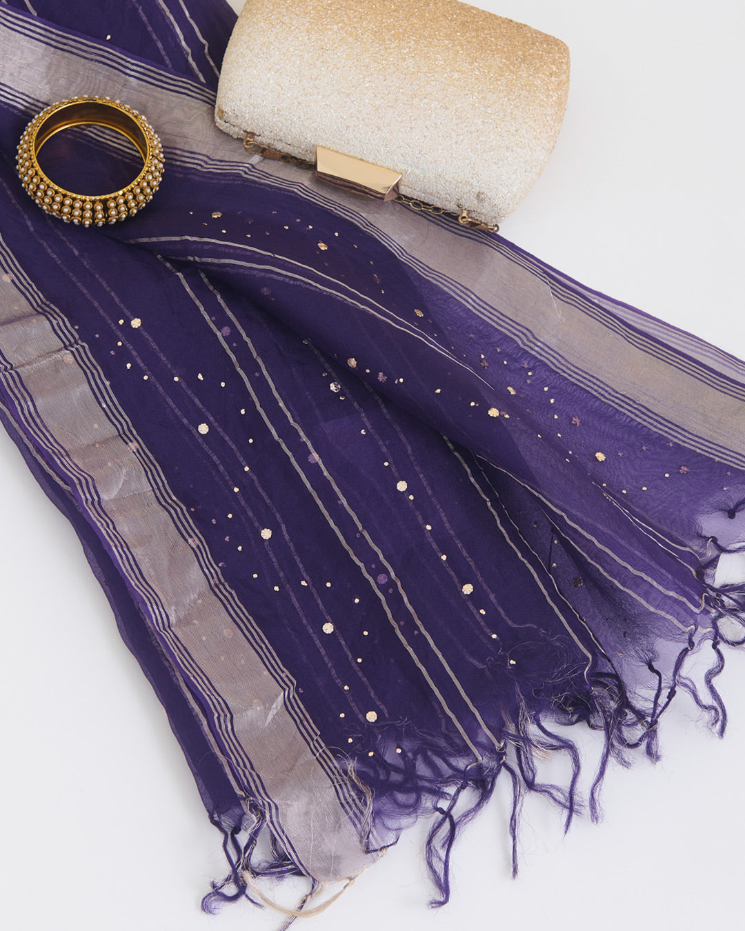 Purple Organza Dupatta with Gold Stripes & Badla Work
