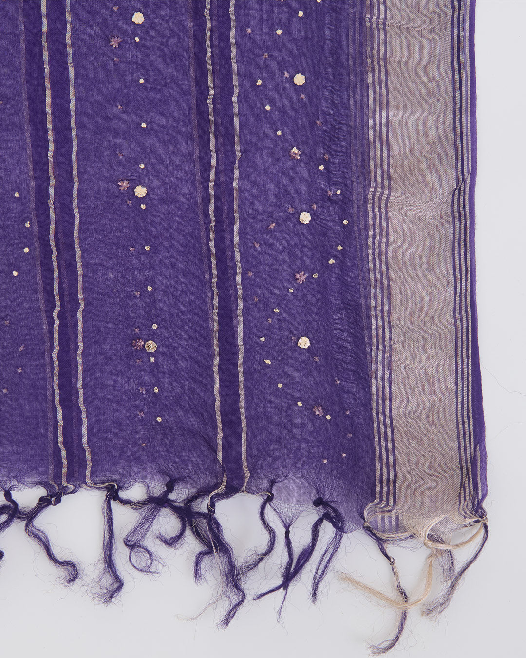Purple Organza Dupatta with Gold Stripes & Badla Work