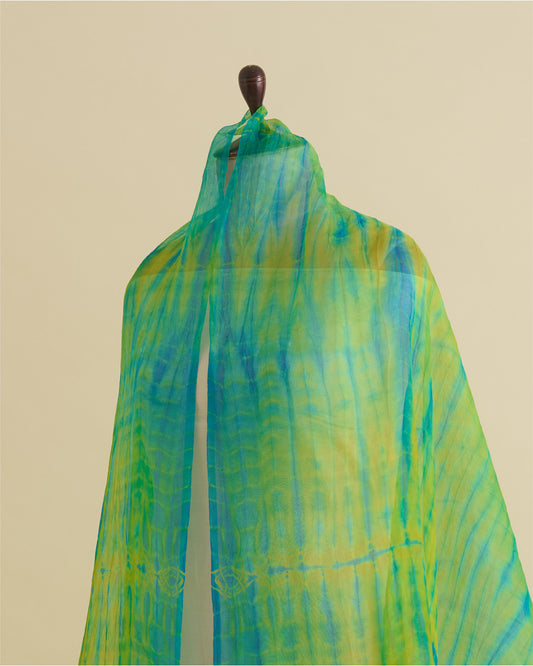 Blue & Lime Green Organza Tie & Dye Dupatta with Silver Pallu