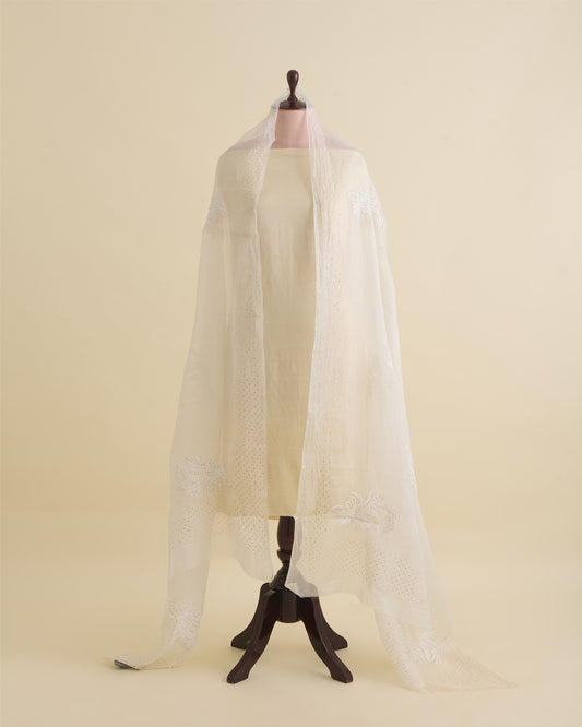 White Organza Lucknowi Thread Buta Badla Work Dupatta