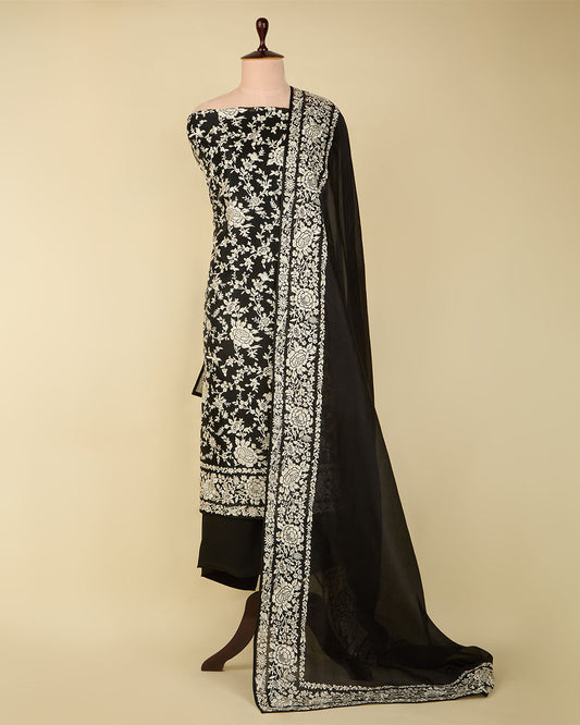 Black Silk Organza Suit with All Over Thread Embroidery