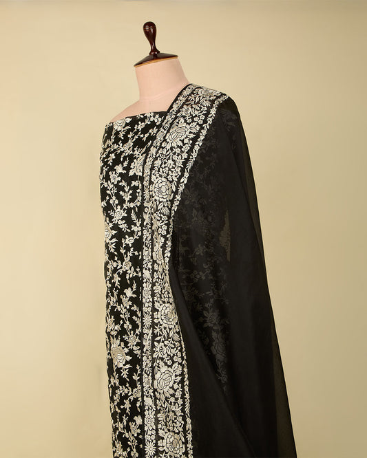 Black Silk Organza Suit with Intricate Thread Embroidery