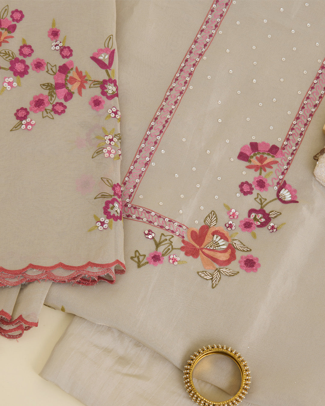 Beige & Orange Tissue Kurta Set with Resham, Sequin & Cut-Dana Work