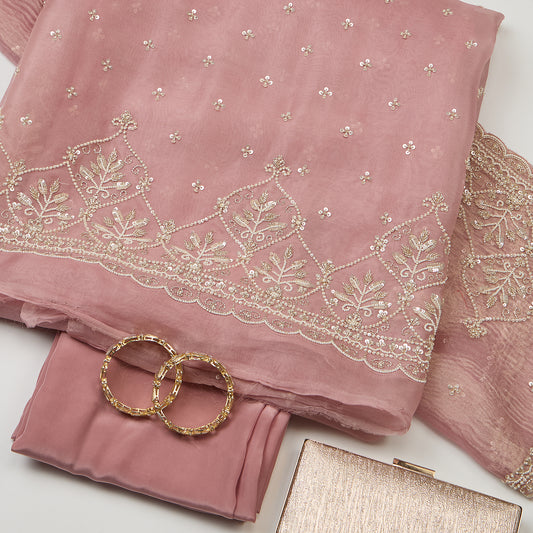 Dusty Pink Silk Organza Kurta Set with Tissue Dupatta