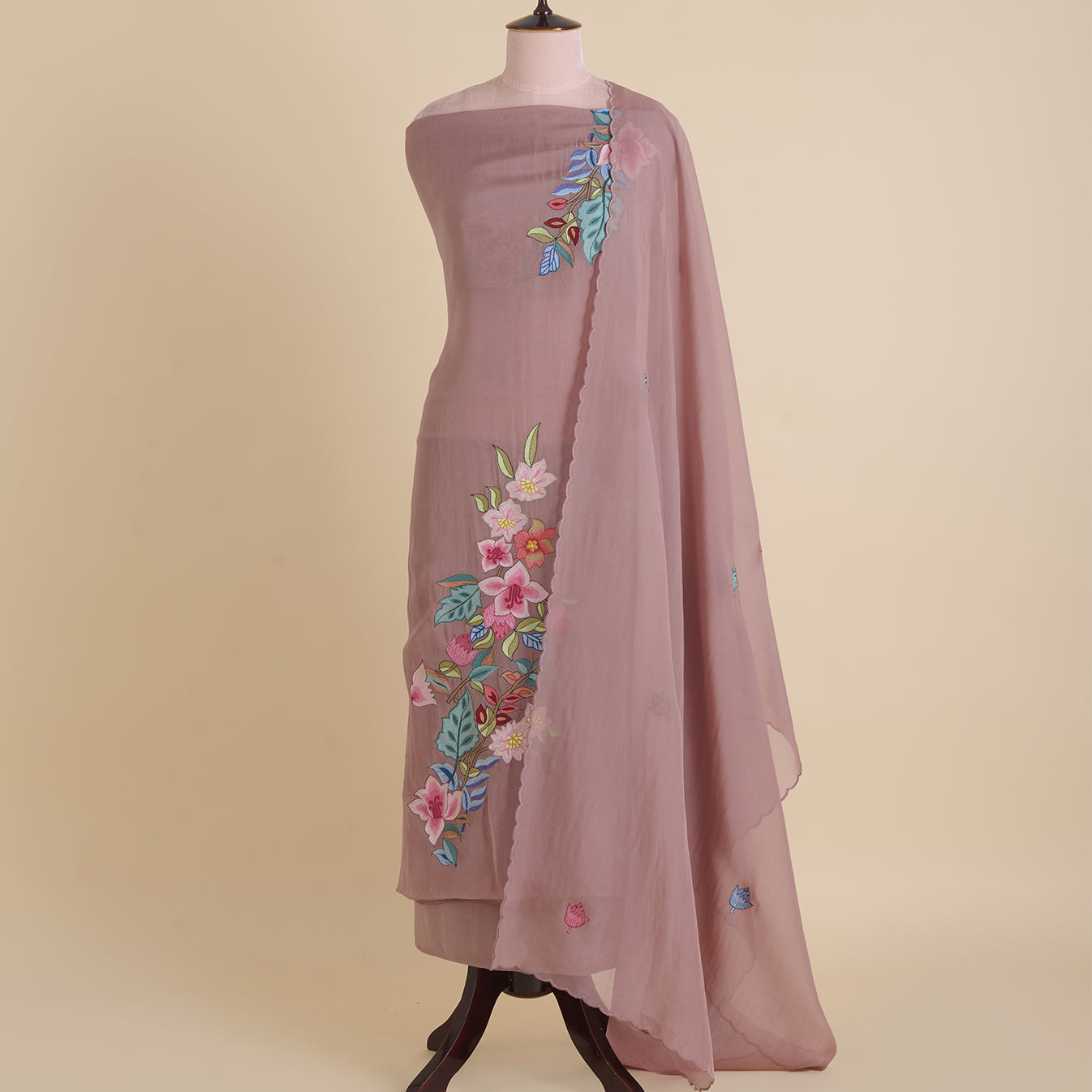 Dusty Brown Organza Resham Embroidered Suit with Dupatta