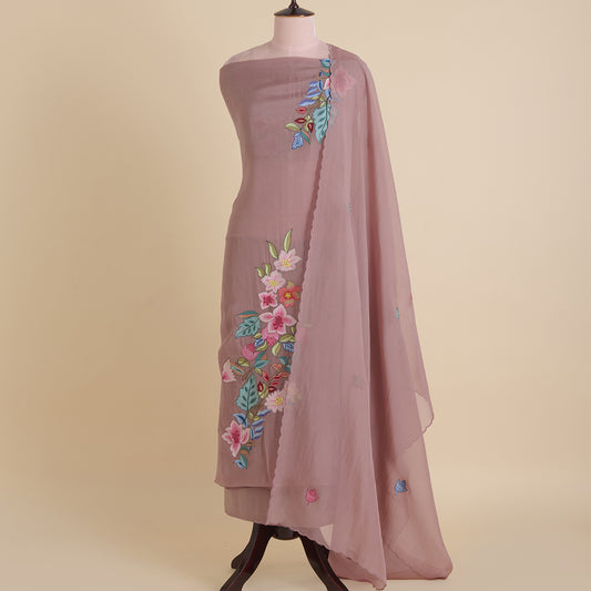 Dusty Brown Organza Resham Embroidered Suit with Dupatta