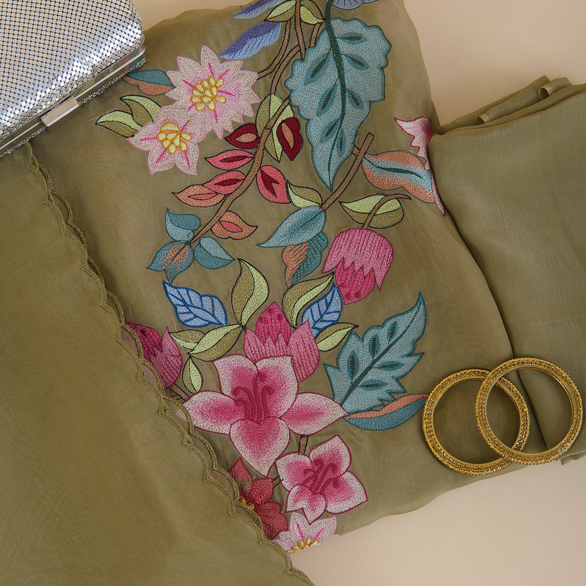 Dusty Green Organza Resham Embroidered Suit with Dupatta