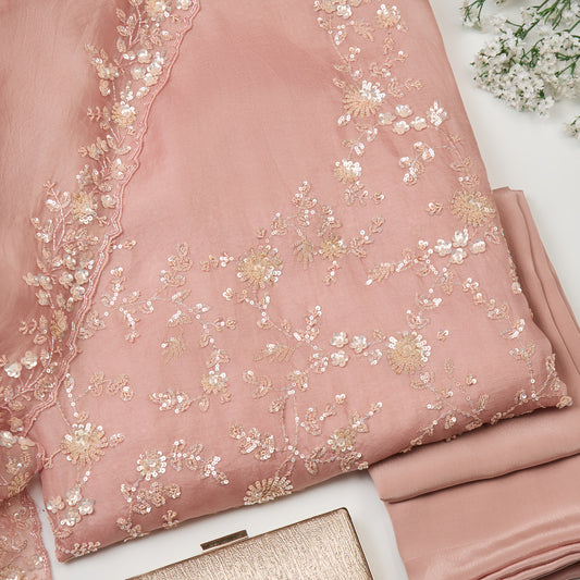 Dusty Peach Organza Kurta Set with All-Over Embroidery