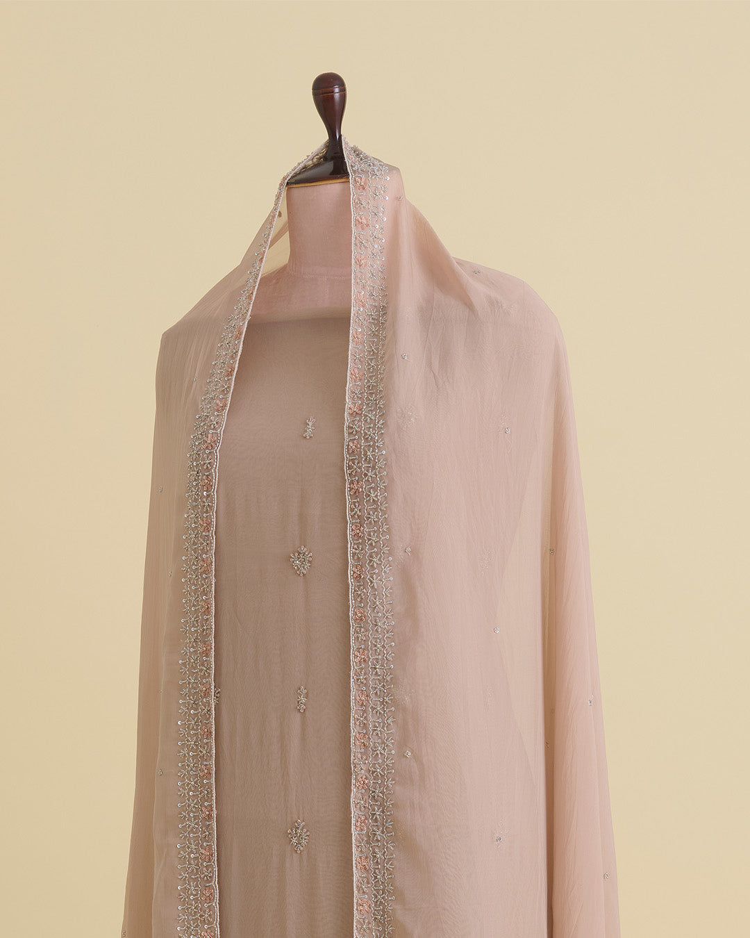 Dusty Brown Organza Kurta with Sequins, Cut-Dana & Beads Work and Matching Dupatta