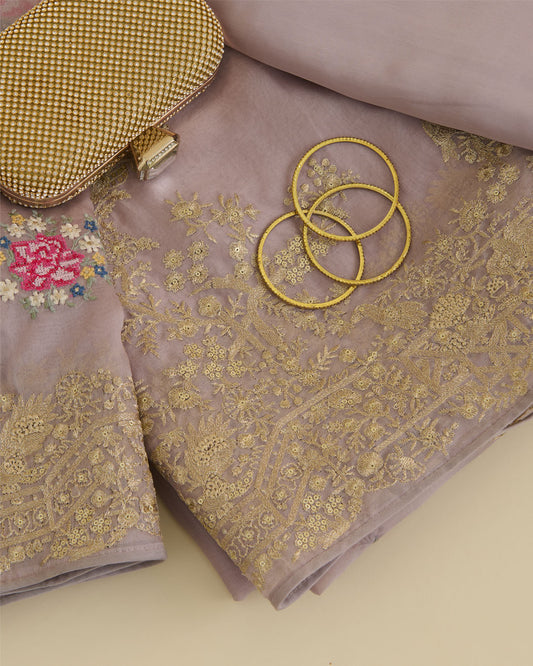 Dusty Mauve Silk Organza Kurta Set with Resham and Zari Embroidery