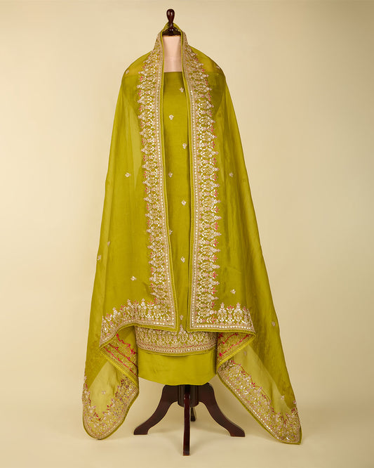 Mehendi Green Silk Organza Suit with Gota, Resham & Pearl Embroidery