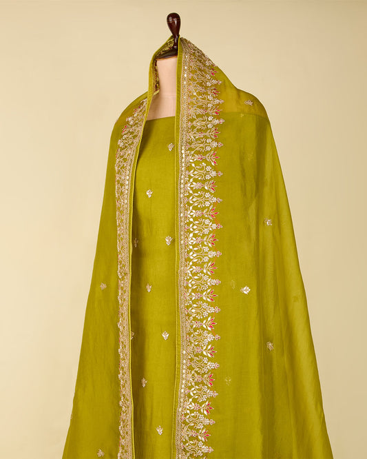 Mehendi Green Silk Organza Suit with Gota, Pearl & Resham Work