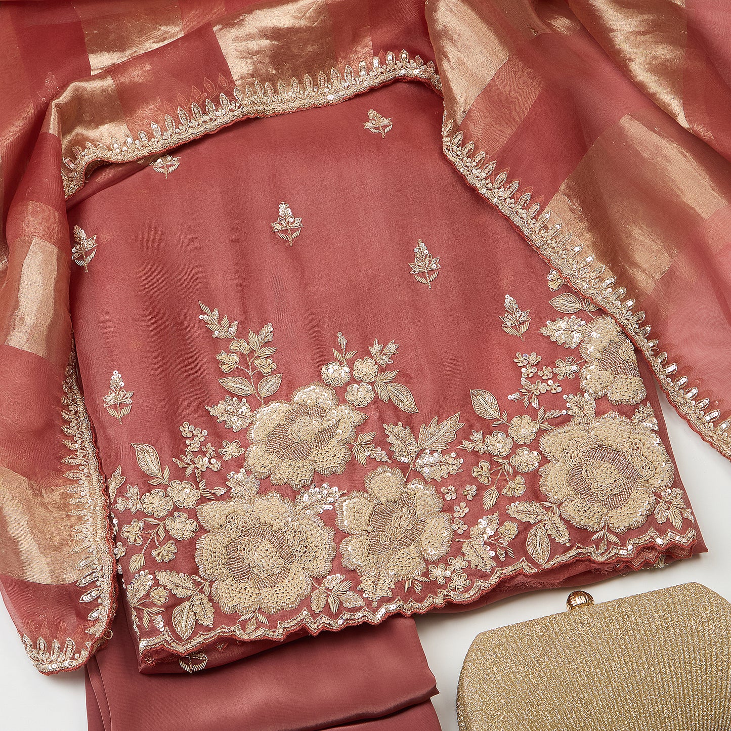 Marsala Silk Organza Embroidered Kurta Set with Dupatta