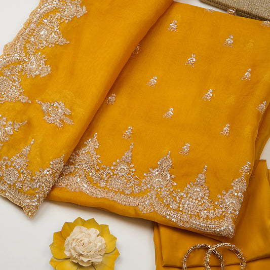 Mustard Silk Organza Kurta with Embroidered Dupatta Set