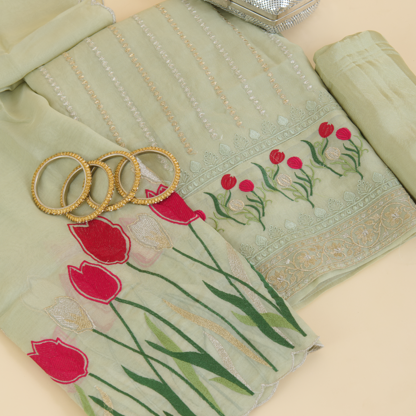 Pista Green Organza Resham & Zari Embroidered Kurta Set