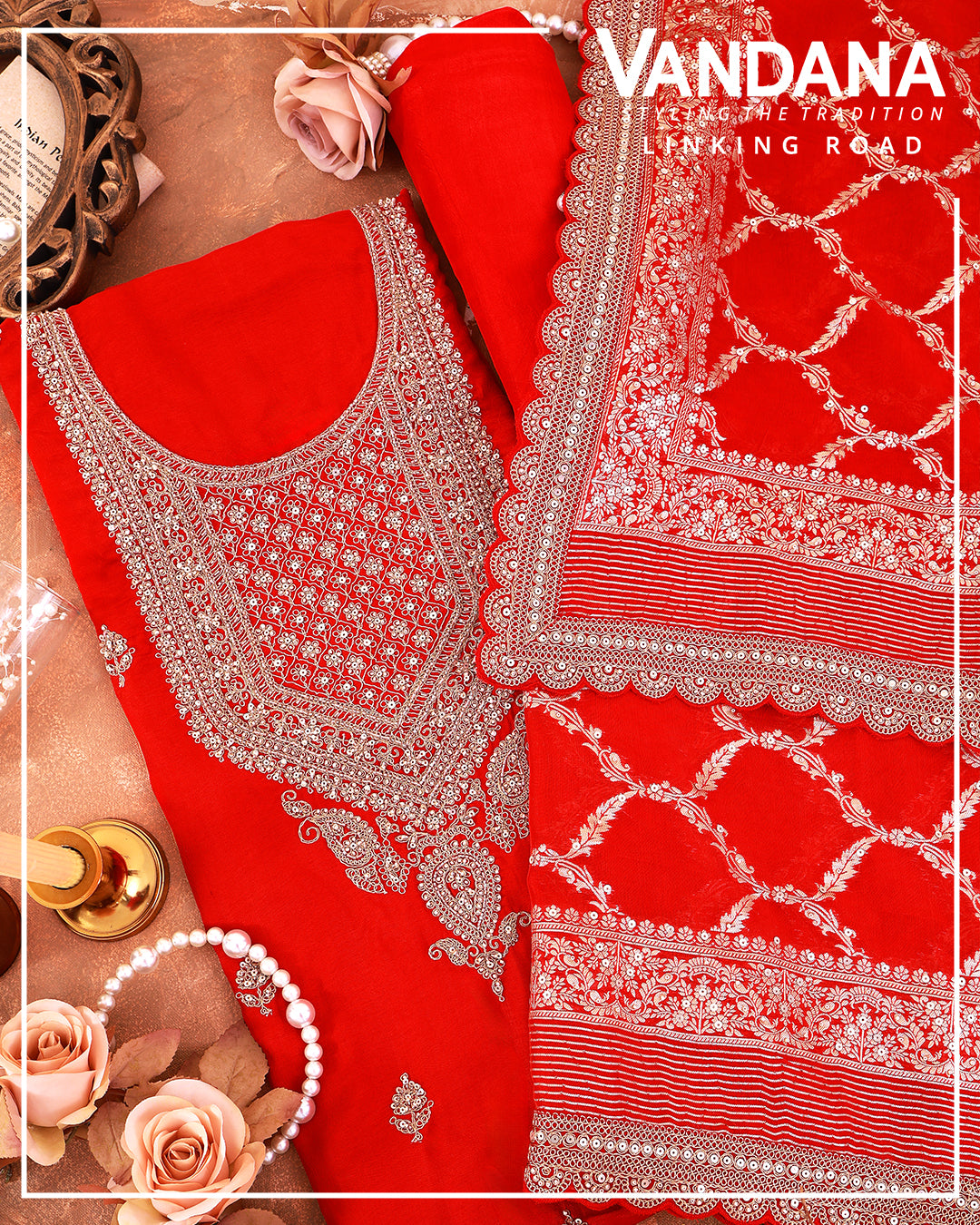 Red Organza Suit with Embroidery & Woven Border Dupatta