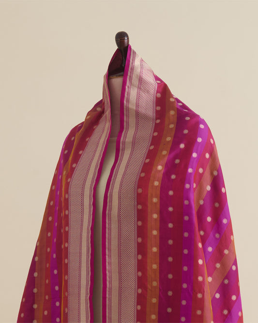 Magenta Pure Silk Hand Woven Multi Stripe Buta Dupatta