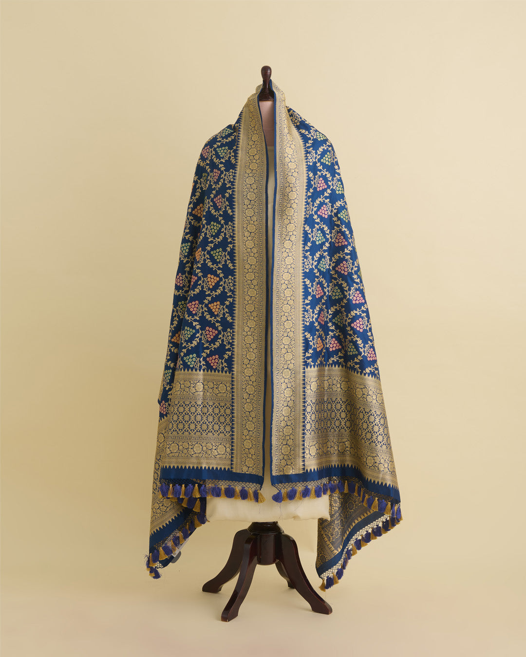 Navy Blue Pure Silk Handwoven Gold Mina Jaal Dupatta