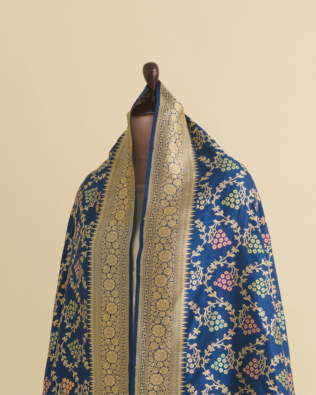 Navy Blue Pure Silk Handwoven Gold Mina Jaal Dupatta