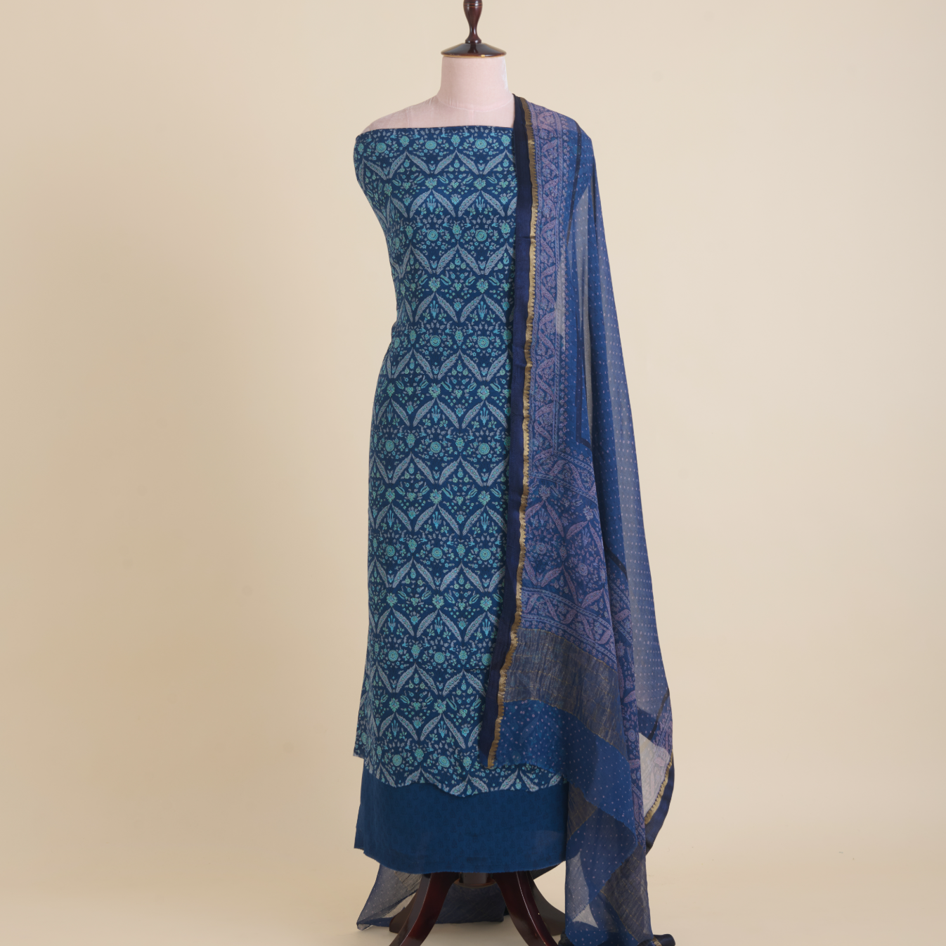 Blue Pure Crepe Printed Suit with Georgette Border Dupatta