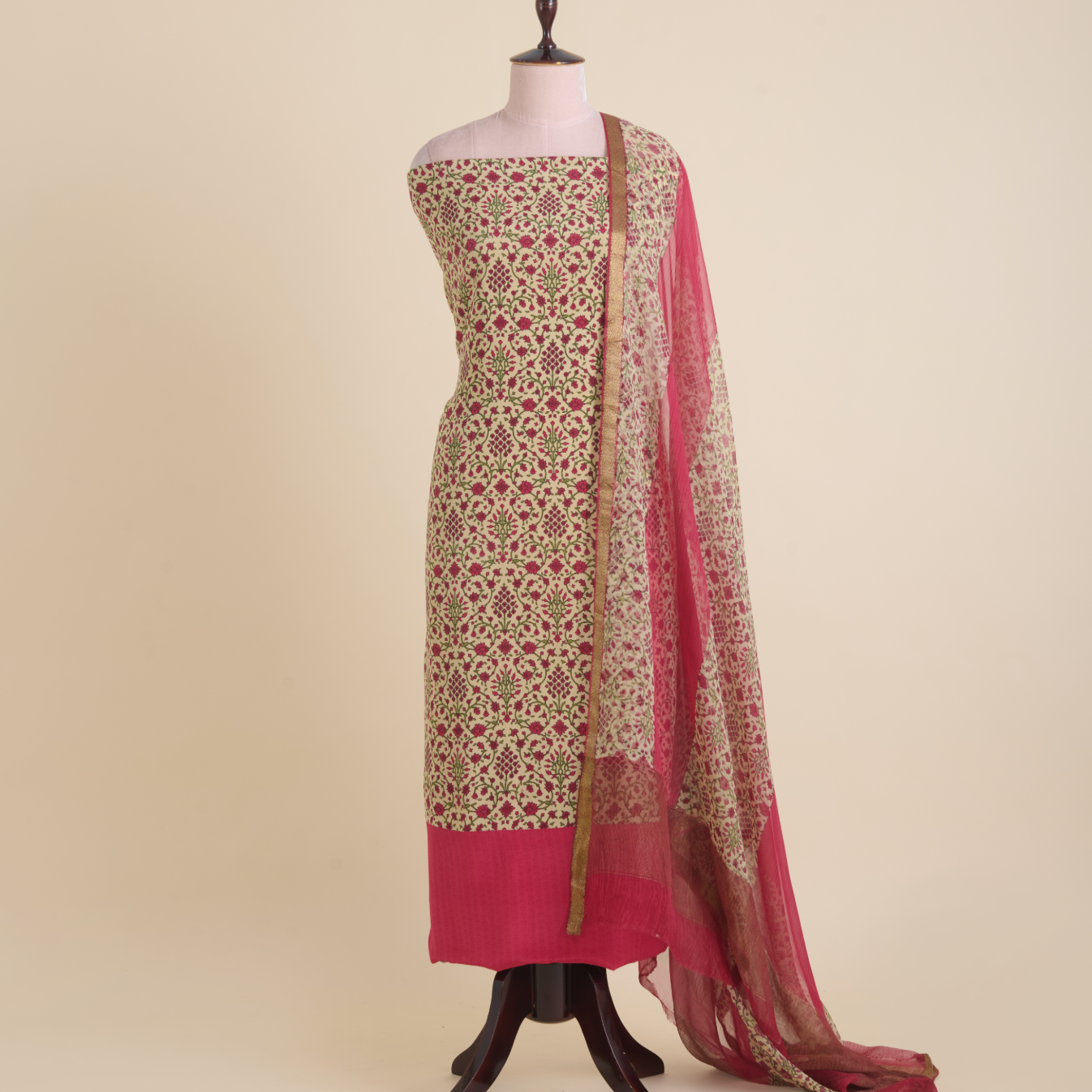 Beige & Pink Pure Crepe Printed Suit with Georgette Dupatta