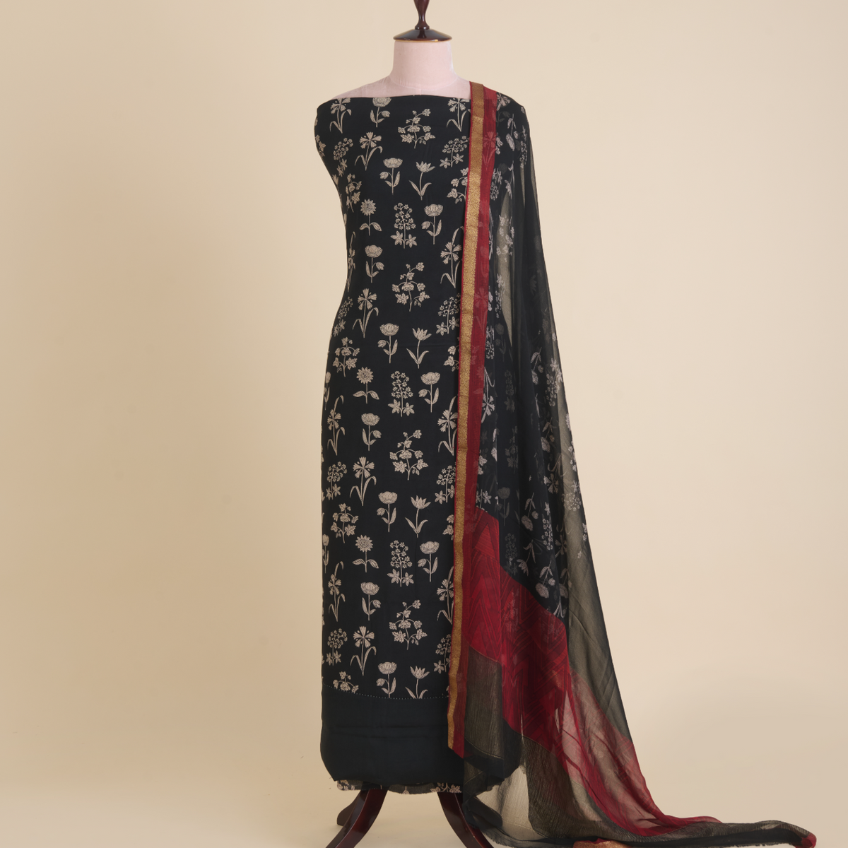 Black Red Pure Crepe Printed Suit with Georgette Border Dupatta