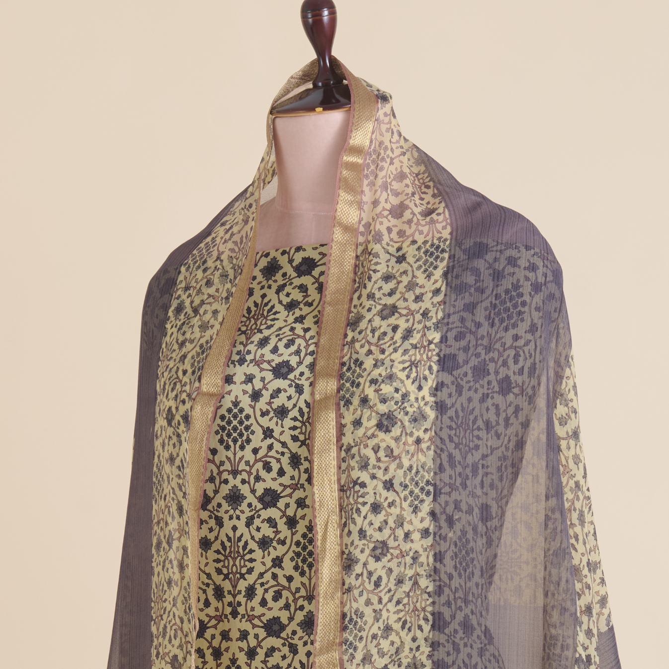 Beige & Grey Pure Crepe Printed Suit with Georgette Dupatta