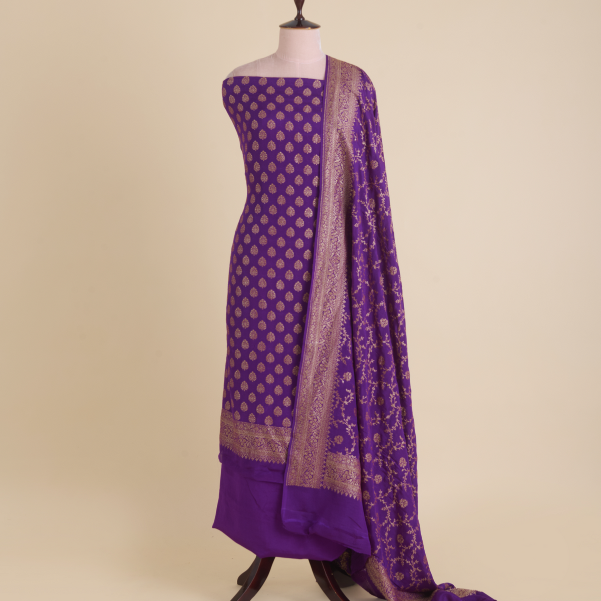Dark Purple Pure Crepe Hand Woven Kurta Set