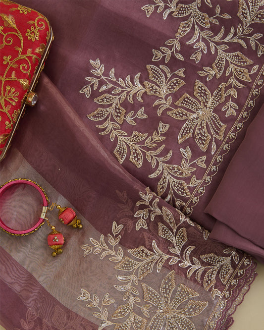 Silk Organza Suit with Zardozi & Bead Embroidery Dark Mauve