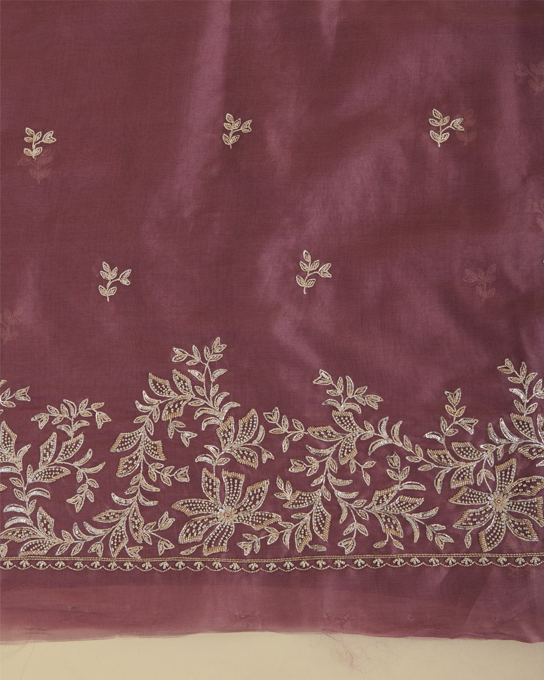 Dark Mauve Silk Organza Suit with Zardozi & Bead Embroidery