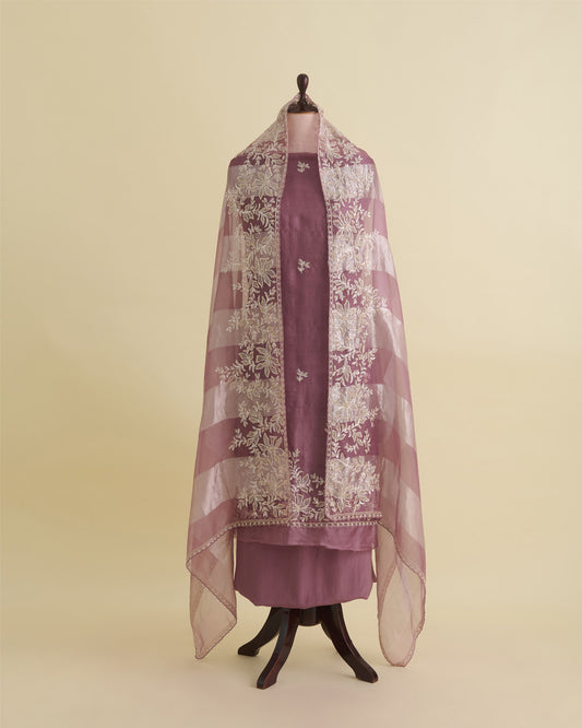 Silk Organza Suit with Zardozi & Bead Embroidery Dark Mauve