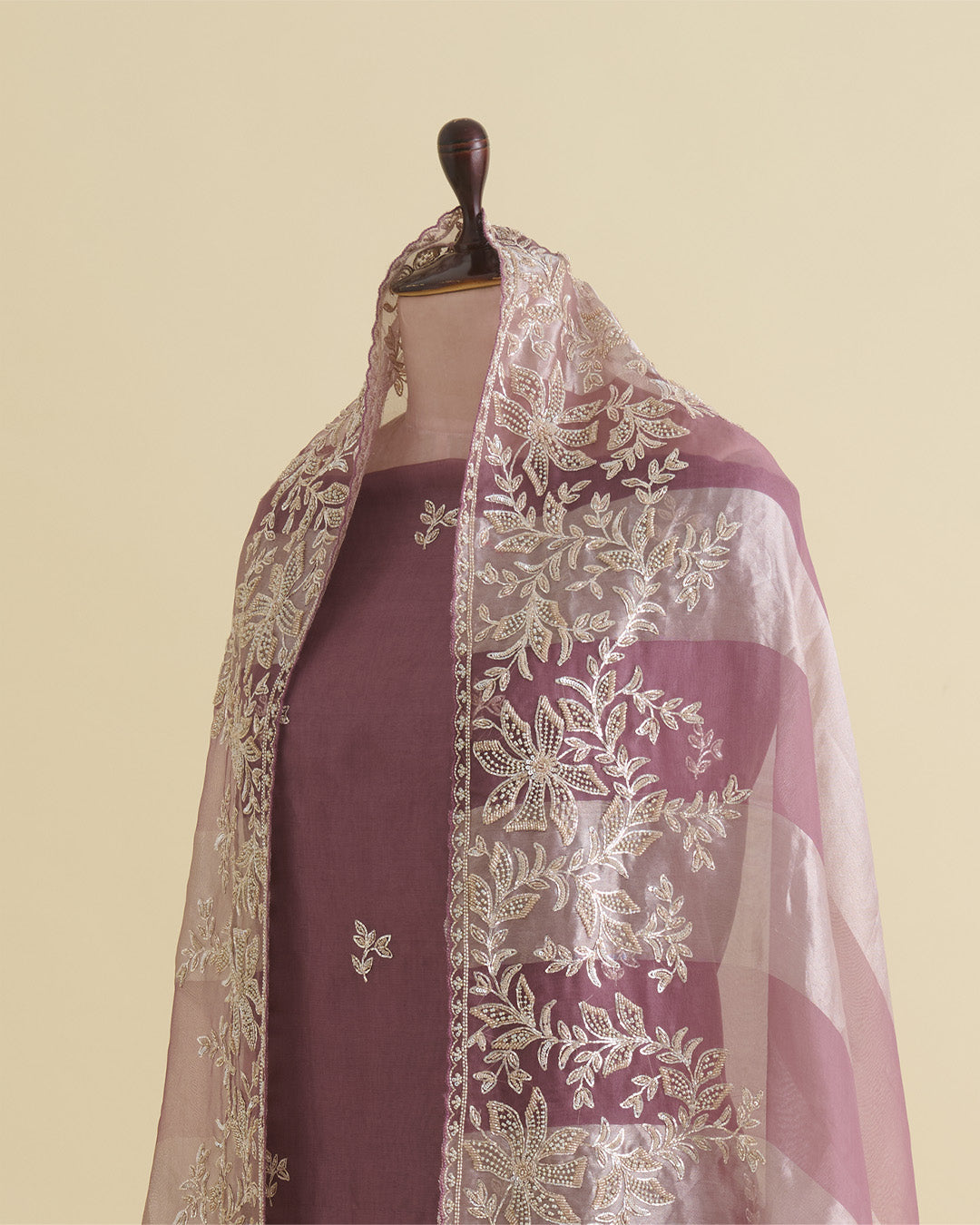 Silk Organza Suit with Zardozi & Bead Embroidery Dark Mauve
