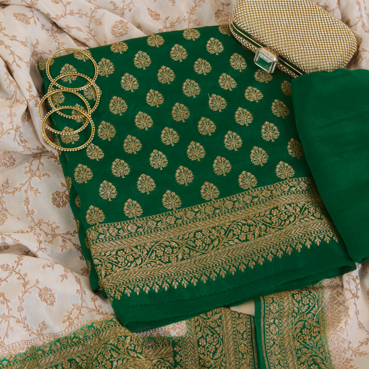 Green Pure Crepe Hand Woven Kurta Set with Dupatta