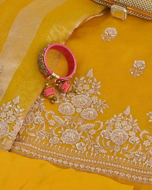 Mango Yellow Silk Organza Embroidered Kurta Set with Dupatta & Bottom