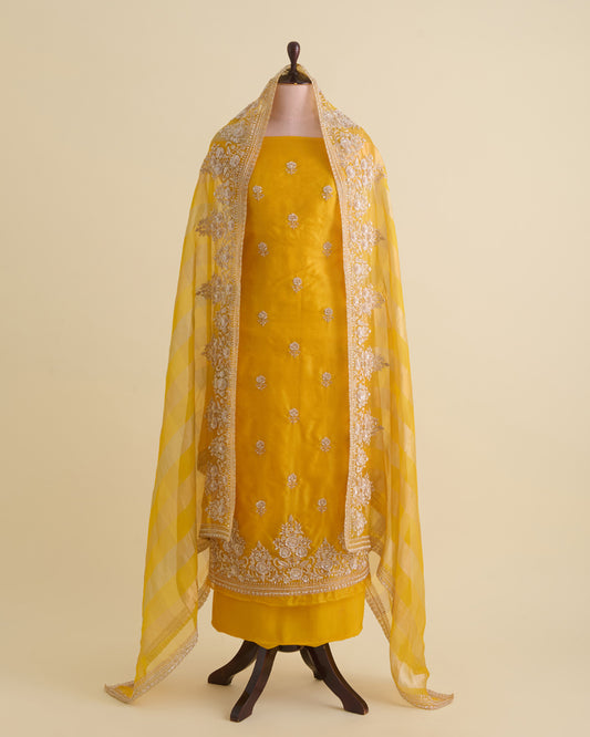 Mango Yellow Silk Organza Embroidered Kurta Set with Dupatta & Bottom
