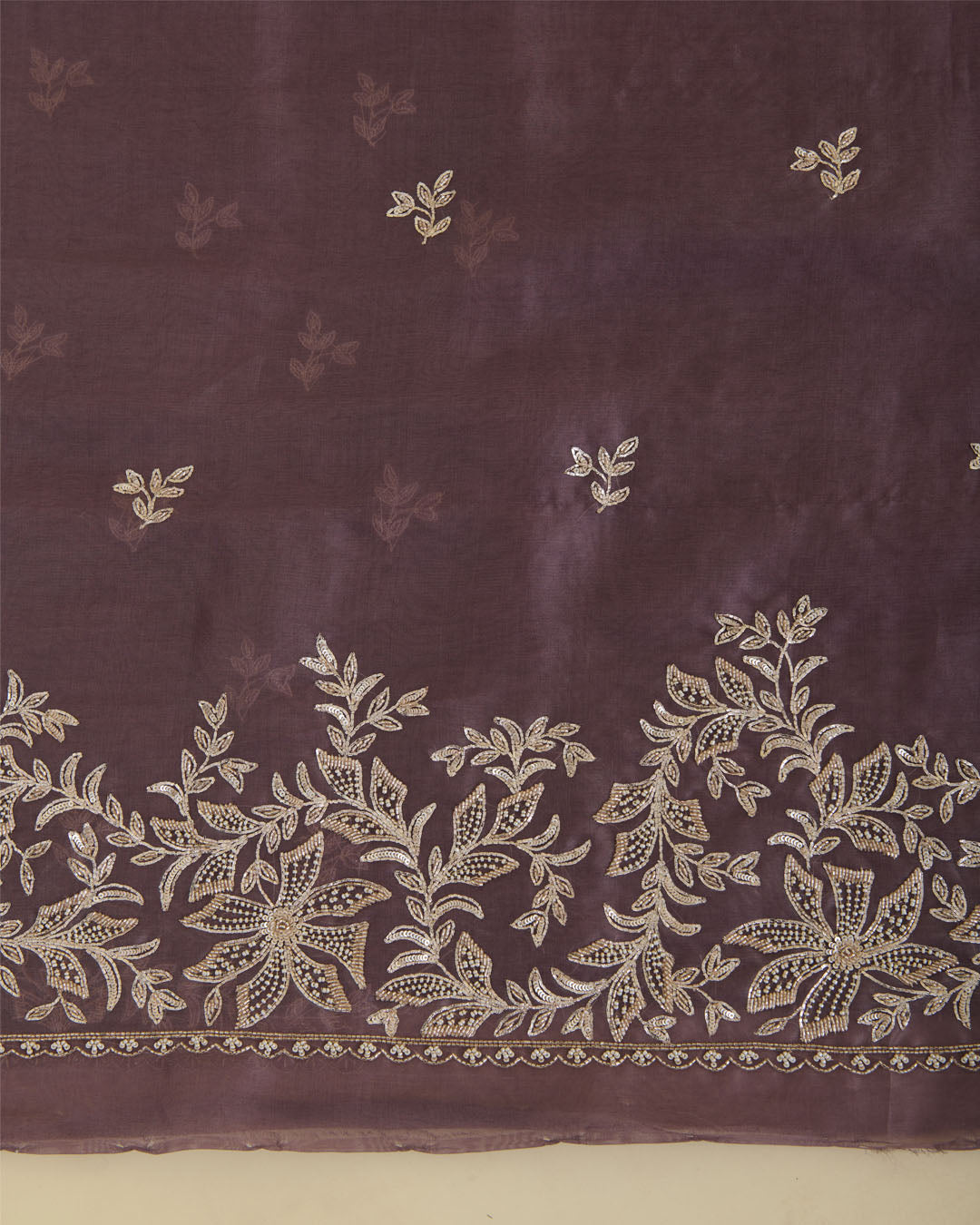 Misty Lilac Grey Silk Organza Suit with Zardozi Embroidery