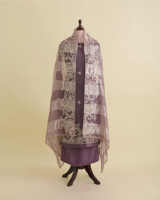 Misty Lilac Grey Silk Organza Suit with Zardozi Embroidery