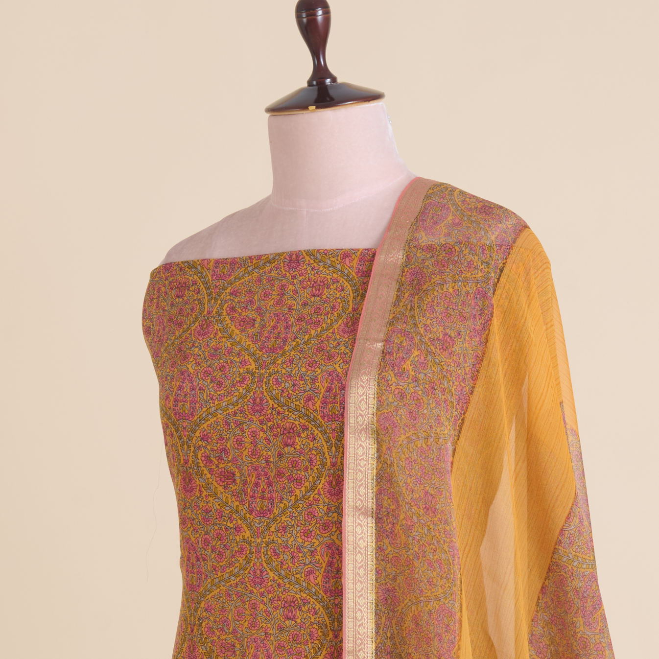 Orange Pure Crepe Printed Suit with Georgette Border Dupatta
