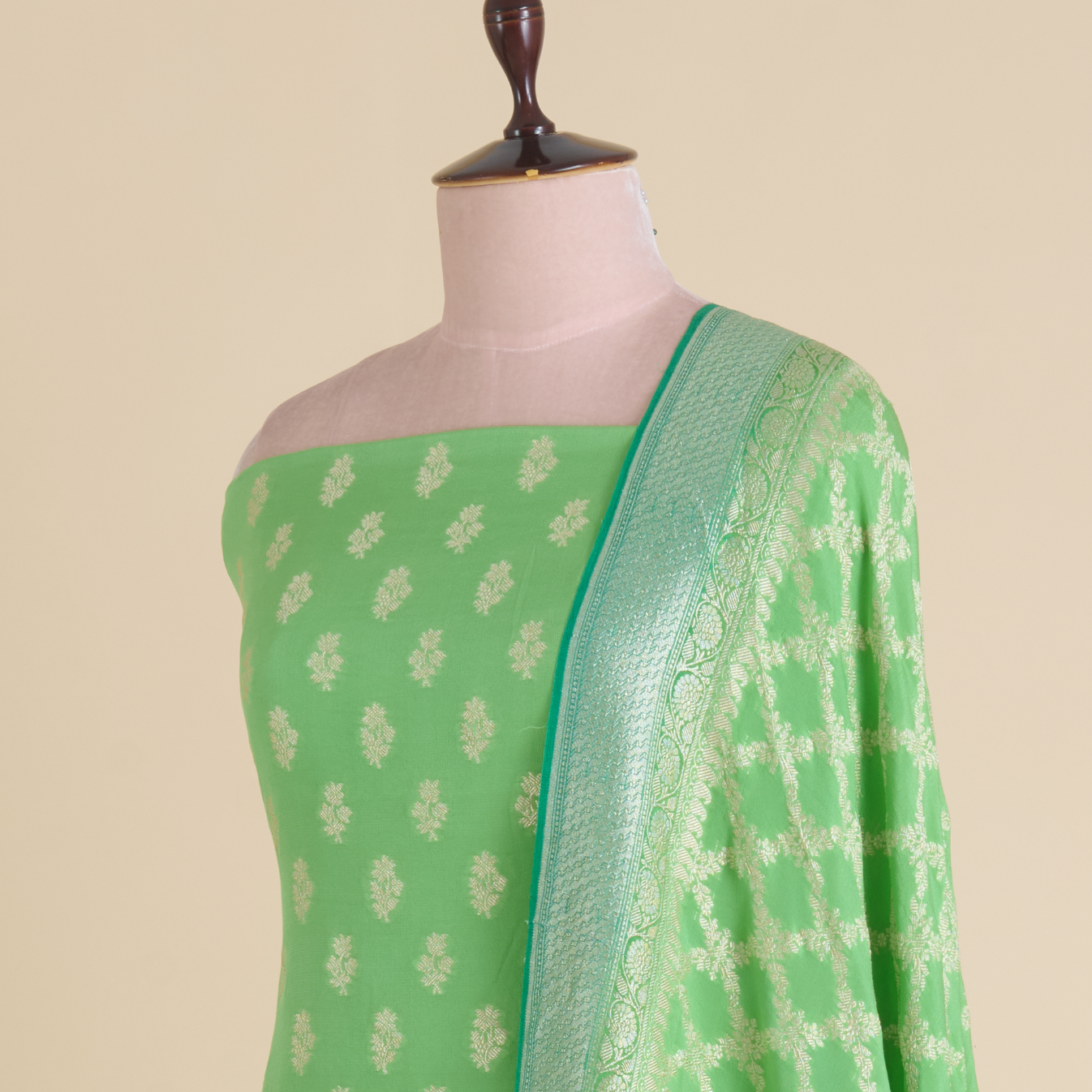 Parrot Green Pure Crepe Hand Woven Kurta Set