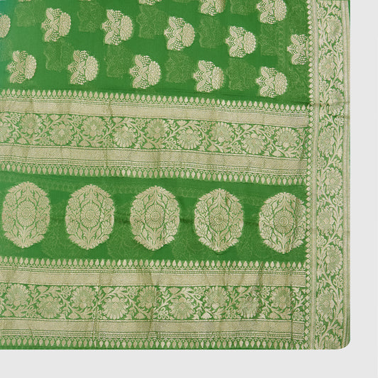 Parrot Green Pure Georgette Handwoven Kurta Set with Heavy Jaal Dupatta