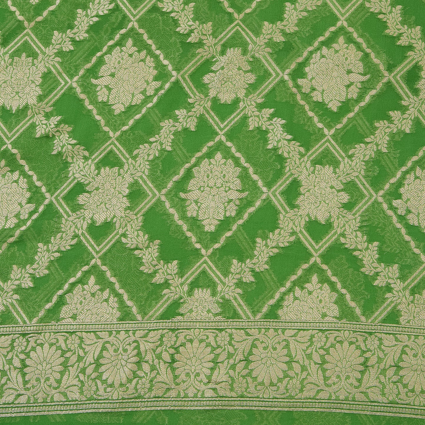 Parrot Green Pure Georgette Handwoven Kurta Set with Heavy Jaal Dupatta