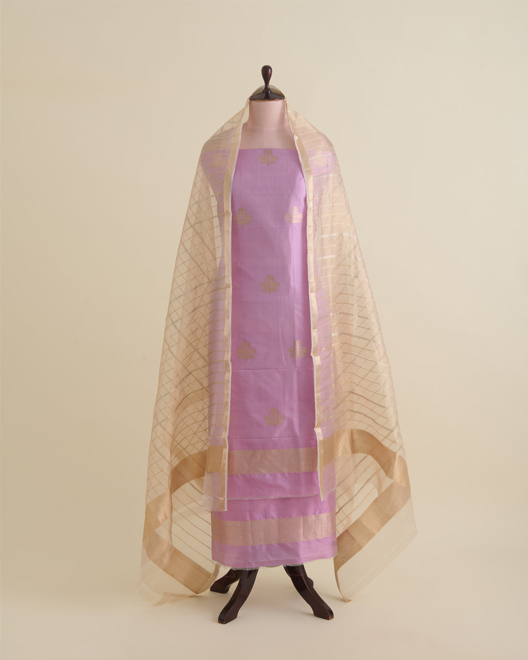 Pink Pure Silk Handwoven Suit with Organza Tissue Dupatta