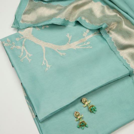 Sea Green Chanderi Silk Kurta Set with Tissue Applique